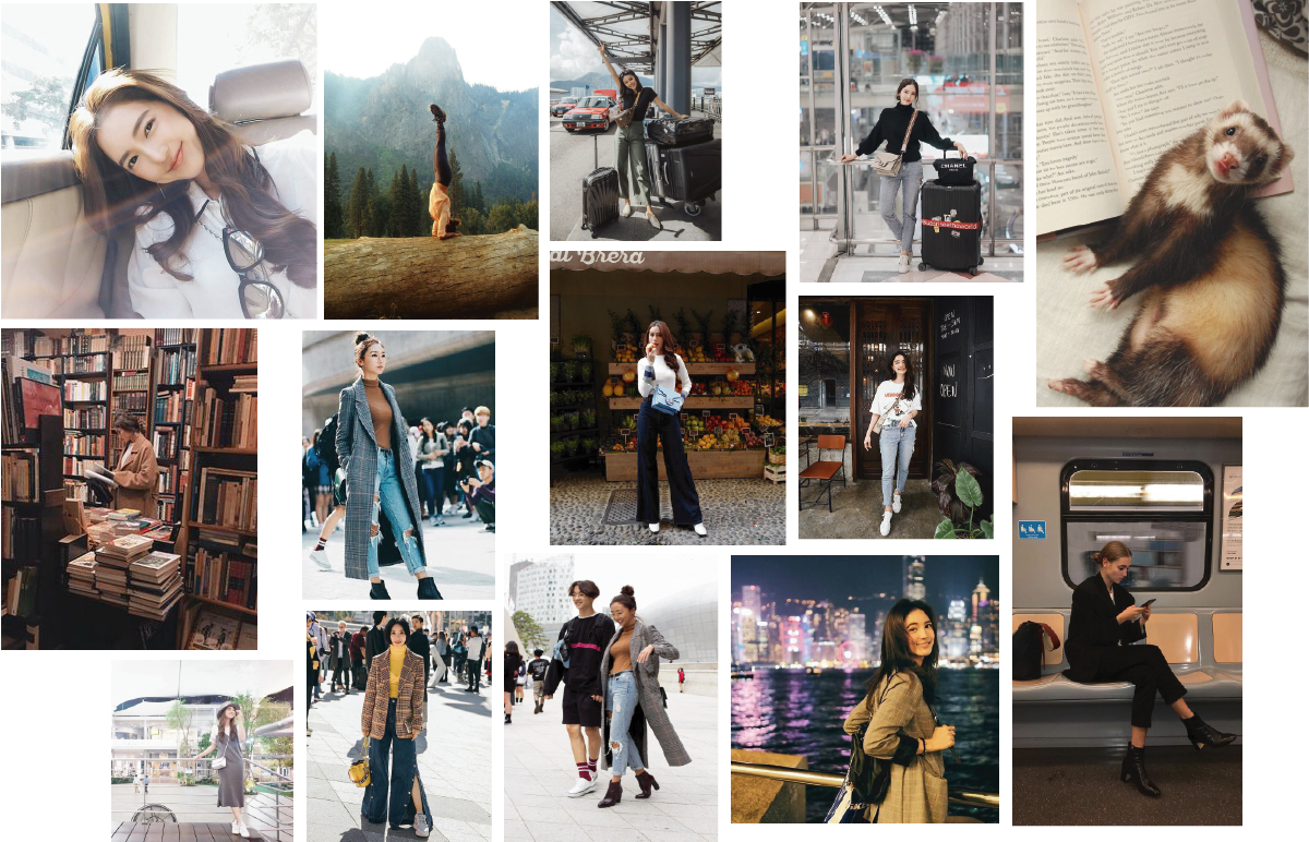 Mujer oriental realizando actividades tales como caminar, yoga, leer y pasear en tren.